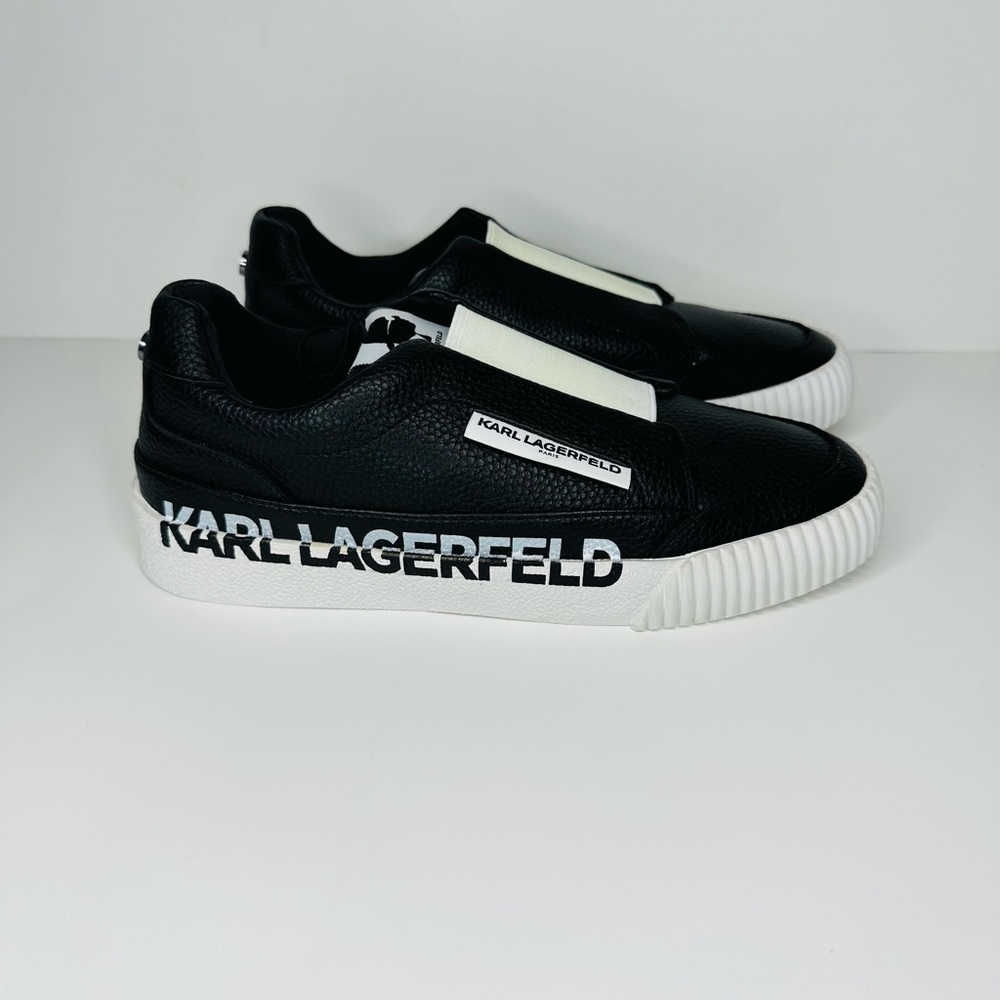 Karl Lagerfeld Paris Women’s Black Jolisa Leather Logo Slip On Sneakers Size 5.5